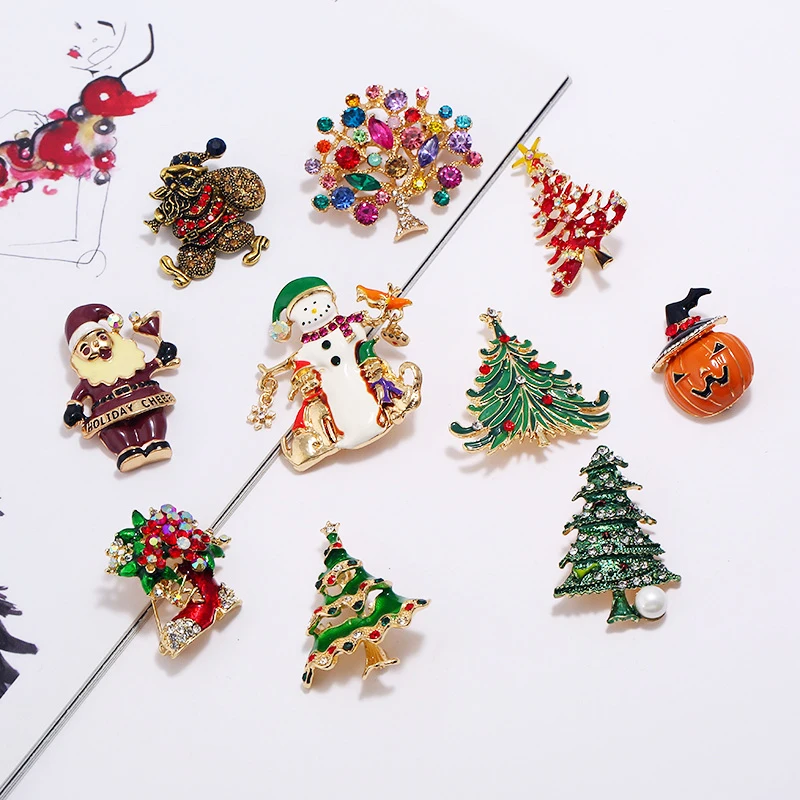 Set Of 9 Christmas Brooch Pins | Enamel Santa Snowman Tree Stockings Lapel Pins For Holiday Decor - View #9