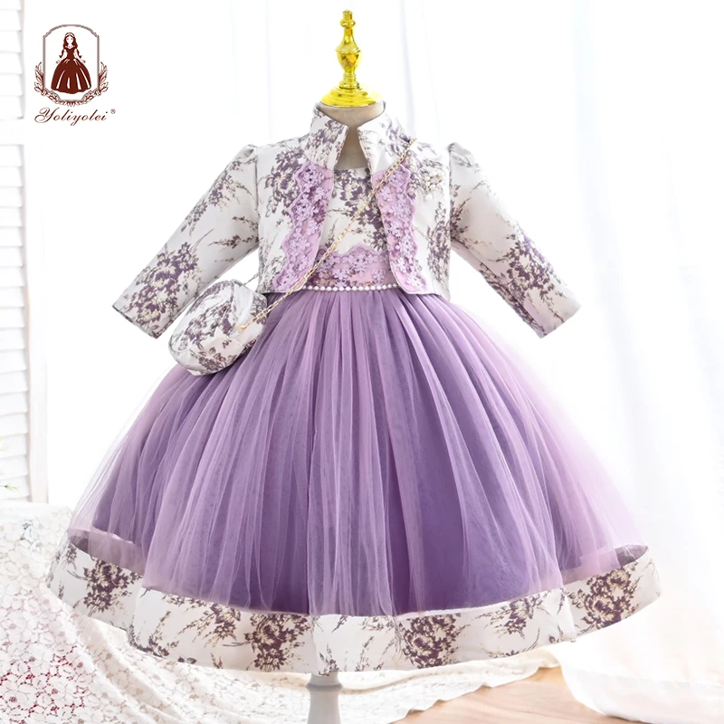 

Yoliyolei Elegant Embroidery Kids' Dresses 3pcs Set Pearls Decoration Girl Clothes With Long Sleeve Coat