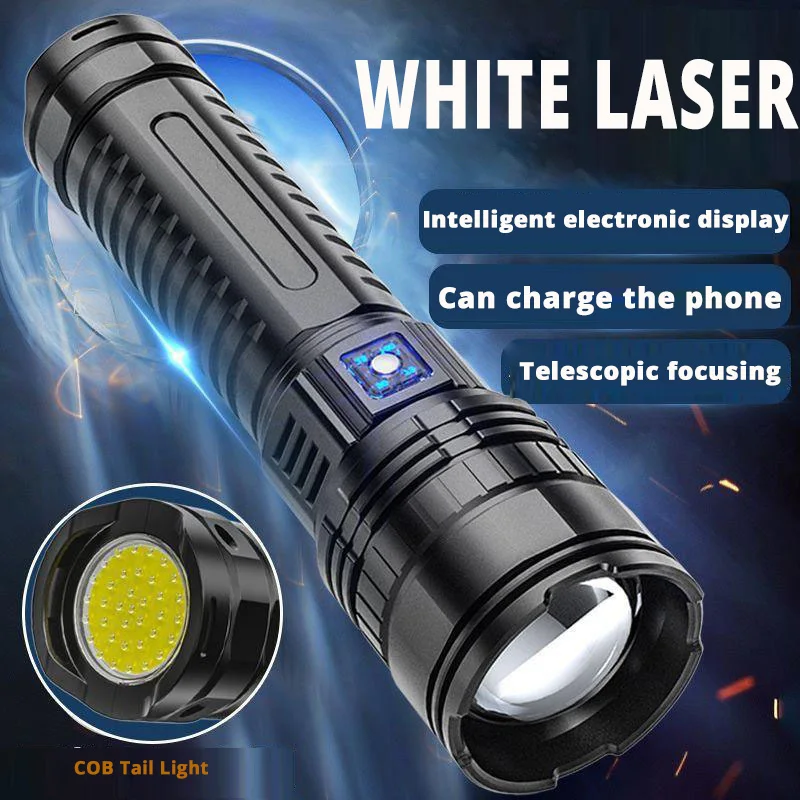 Супермощный фонарик 30000 Вт, белый фонарь, яркий прожектор с телескопическим увеличением, USB-фонарь с возможностью зарядки телефона