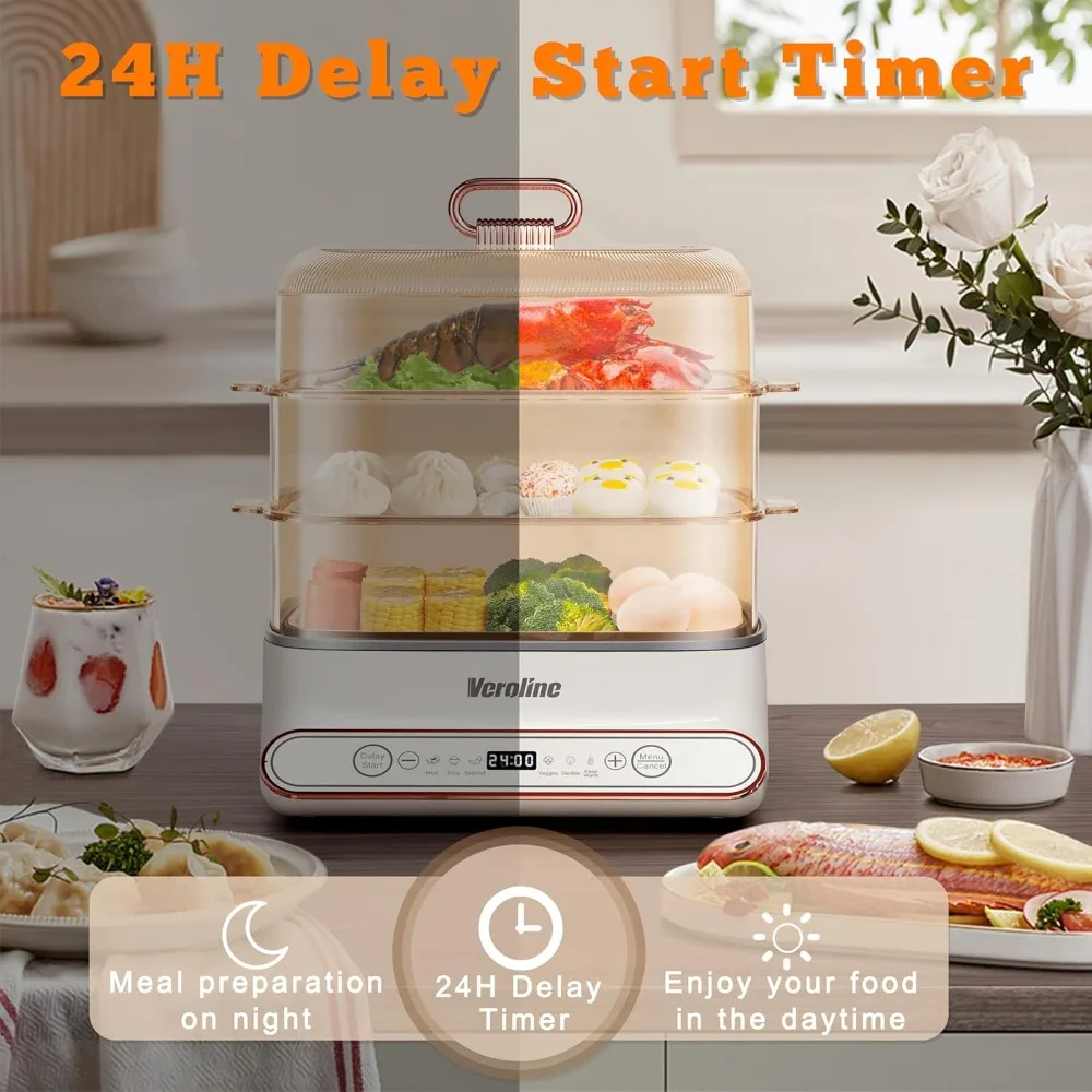 Electric Food Steamer, 15QT Vegetable Steamer with 3-Tier Stainless Steel Trays, 1200W, 24H Delay Start, Auto Shut-Off, BPA-Free 6