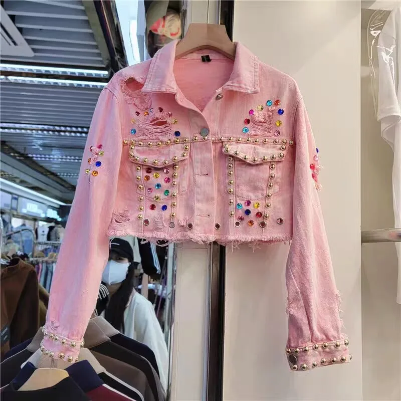 

Short Denim Jacket with Drilled Holes for Women, Loose Hem, Casual Pink Coat, Spring and Autumn, Nightgown, 2023