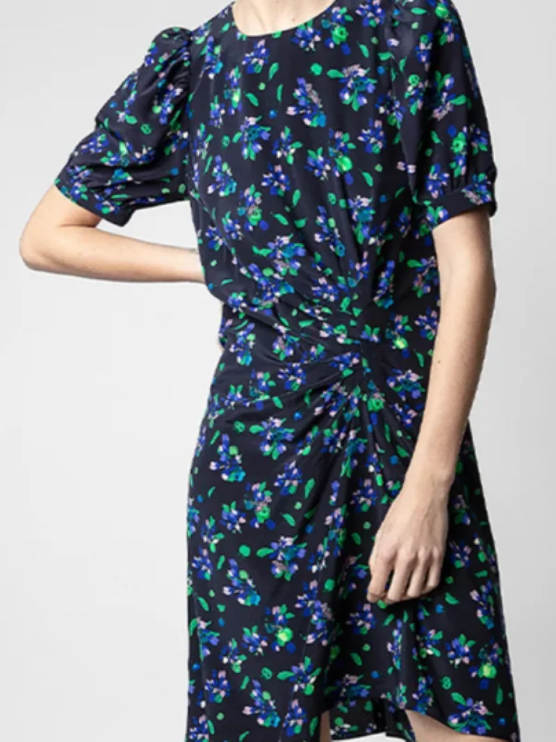 

Women 100% Silk Mini Dress Floral Letter Printing Pleated Irregular Short Sleeve O-Neck Vintage 2024 New Robe
