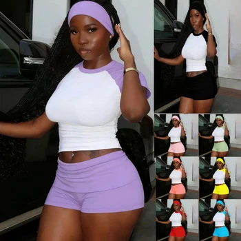 2026 Casual Sports Short Sets Two Pieces Outfits for Women Summer Clothes Crop Top and Shorts Matching Set Including Hair Band 1