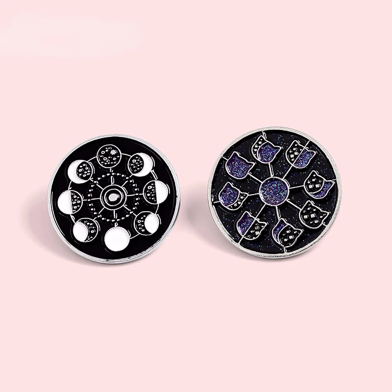 Lunar Phase Enamel Pins Black Cat Moon Stars Witch Witchcraft Magic Astrology Animal Jewelry Badges Brooches Lapel Pins For Kids