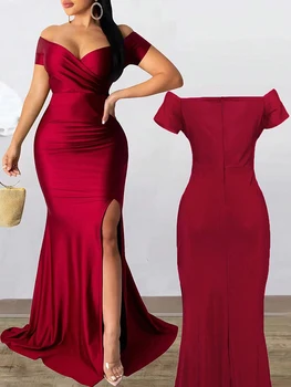 Classic High Slit Evening Dress Women Solid Maxi Long Dresses With Sleeves Wedding Bridesmaid Elegant Party Dresses 2025 Woman 1