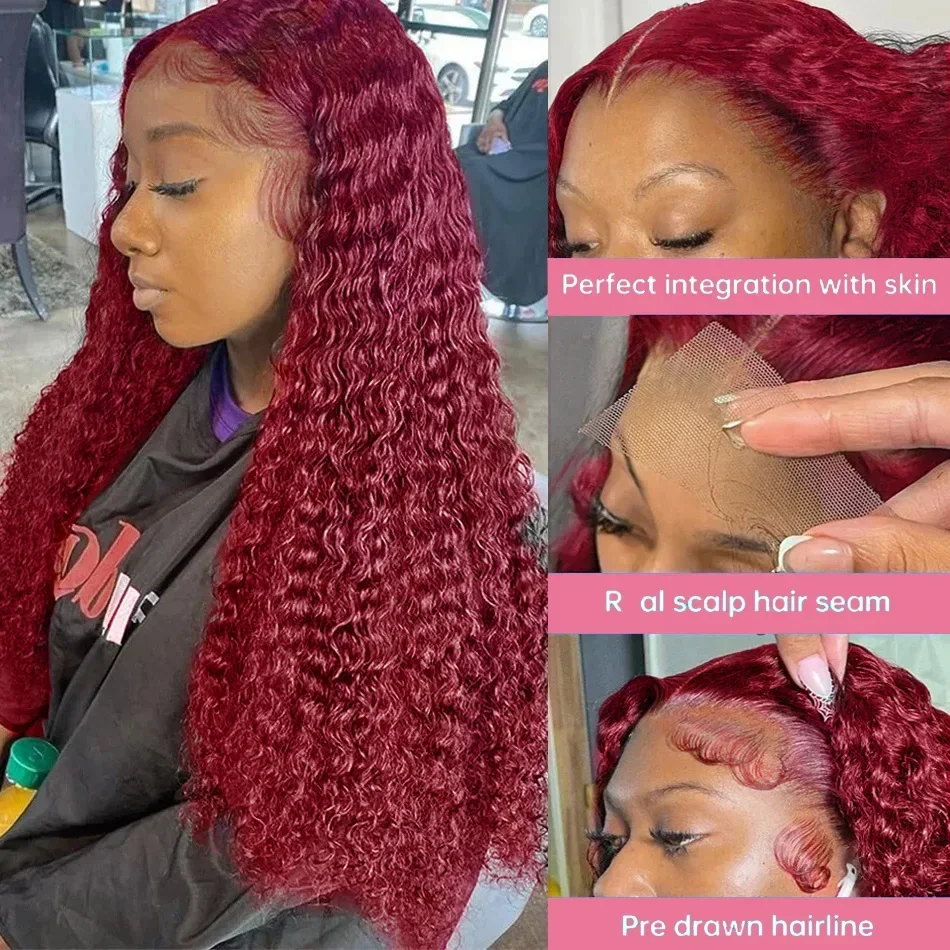 Human Hair Wigs Luvin 99J Burgundy Deep Wave 13x5 13x7 HD Lace Front Curly Red for Women