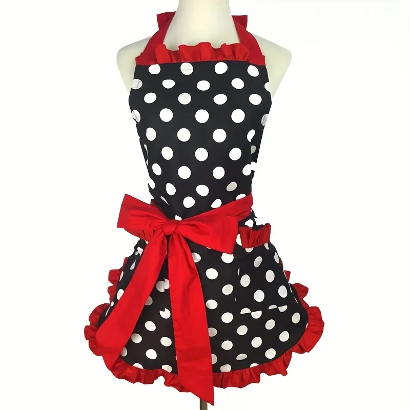 Women's Cotton Polka Dot Apron, Korean Style, Adult Home Daily Kitchen Red Waist Cover for Women