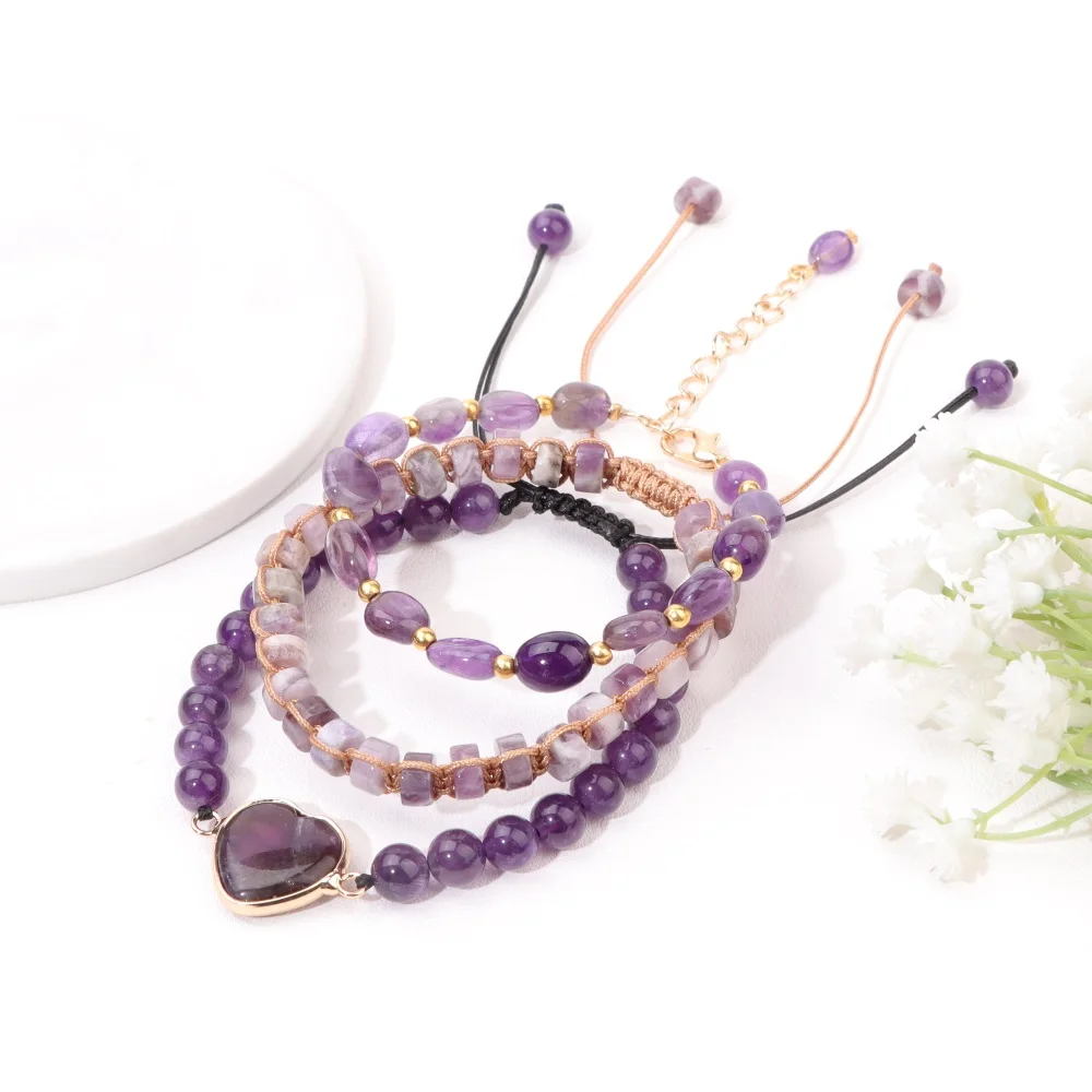 Amethysten Stein Armband lila Natur Chipped Stone geflochtenes Armband verstellbare Heilung Energie Schmuck für Frauen Reiki Geschenke