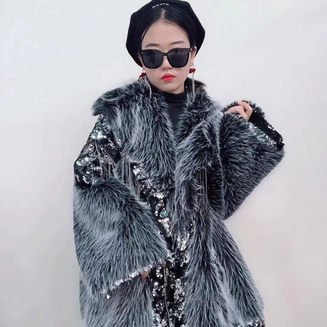 Winter Trendy Fashion High Street Tuscan Fur Coat Women's Sequin Tassel Stitching Lamb Wool Fur Jacket Oversized Coat
