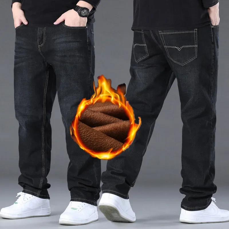 Plus Size Men's Casual Warm Jeans Winter Fleece-Lined Thickened Straight-Leg