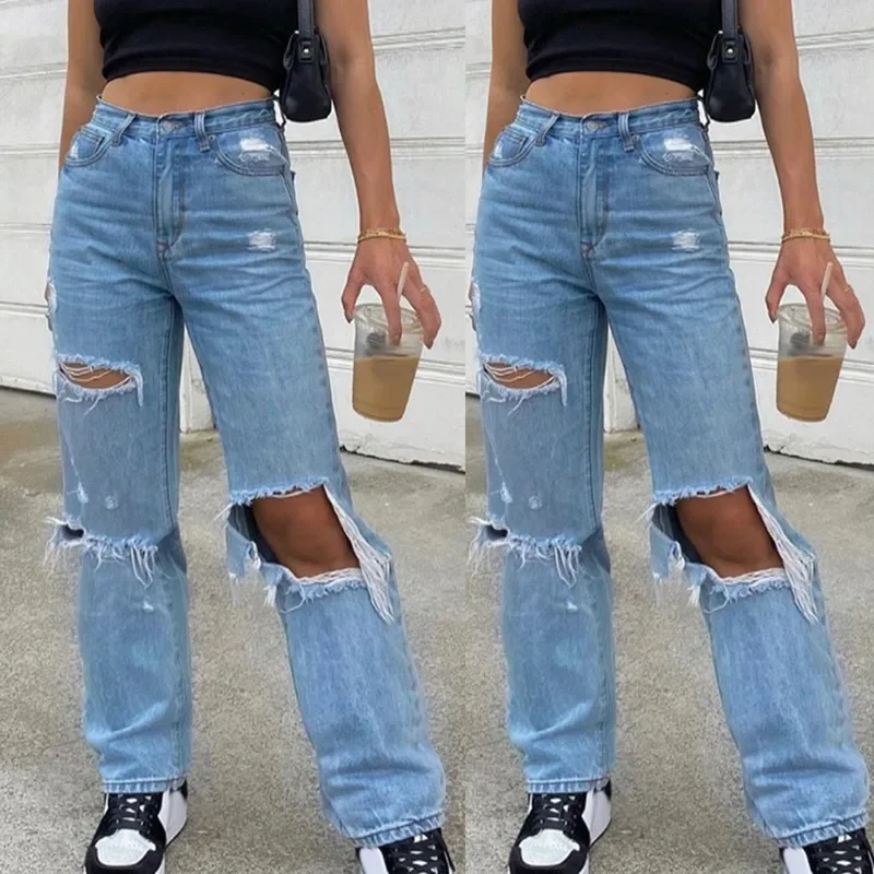 2022 Women's clothes Jeans Trousers with Ripped Holes and Thin Buttons High Waist Pockets Elastic Ripped Loose Denim Trousers 2022 fashion casual blue pencil jeans hole pants for women high elasticity trousers pockets buttons female pants streetwear