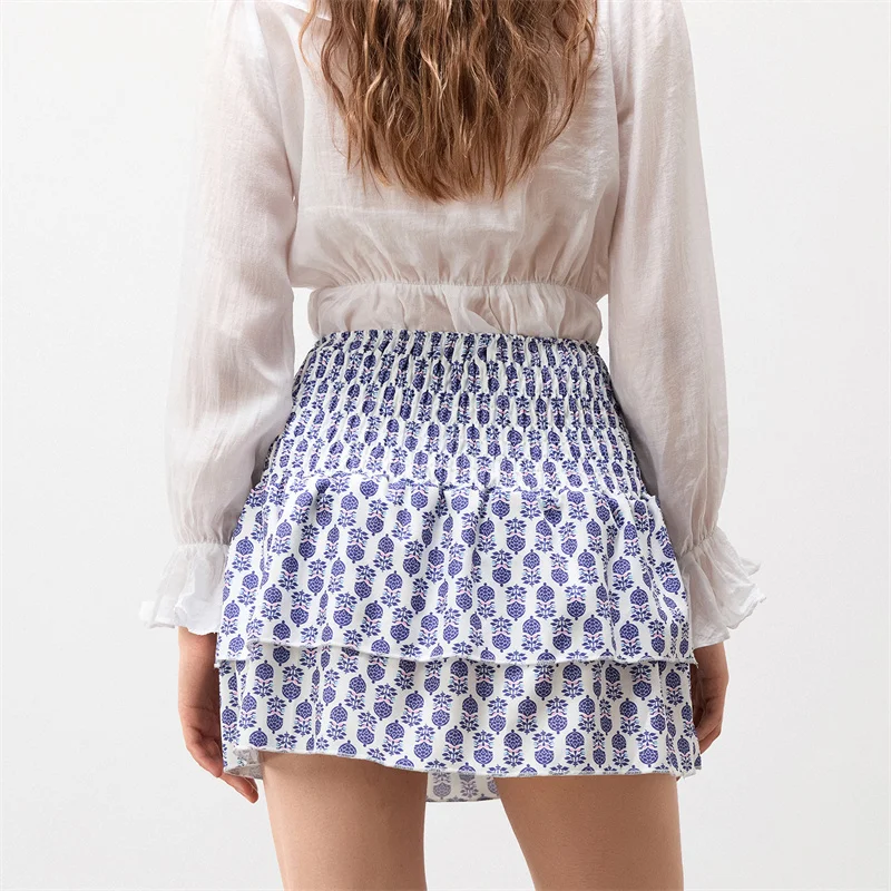 Minifalda de verano para mujer, con estampado floral, elástica, de cintura alta, con volantes escalonados, faldas cortas de corte A, faldas para salir, ropa de calle