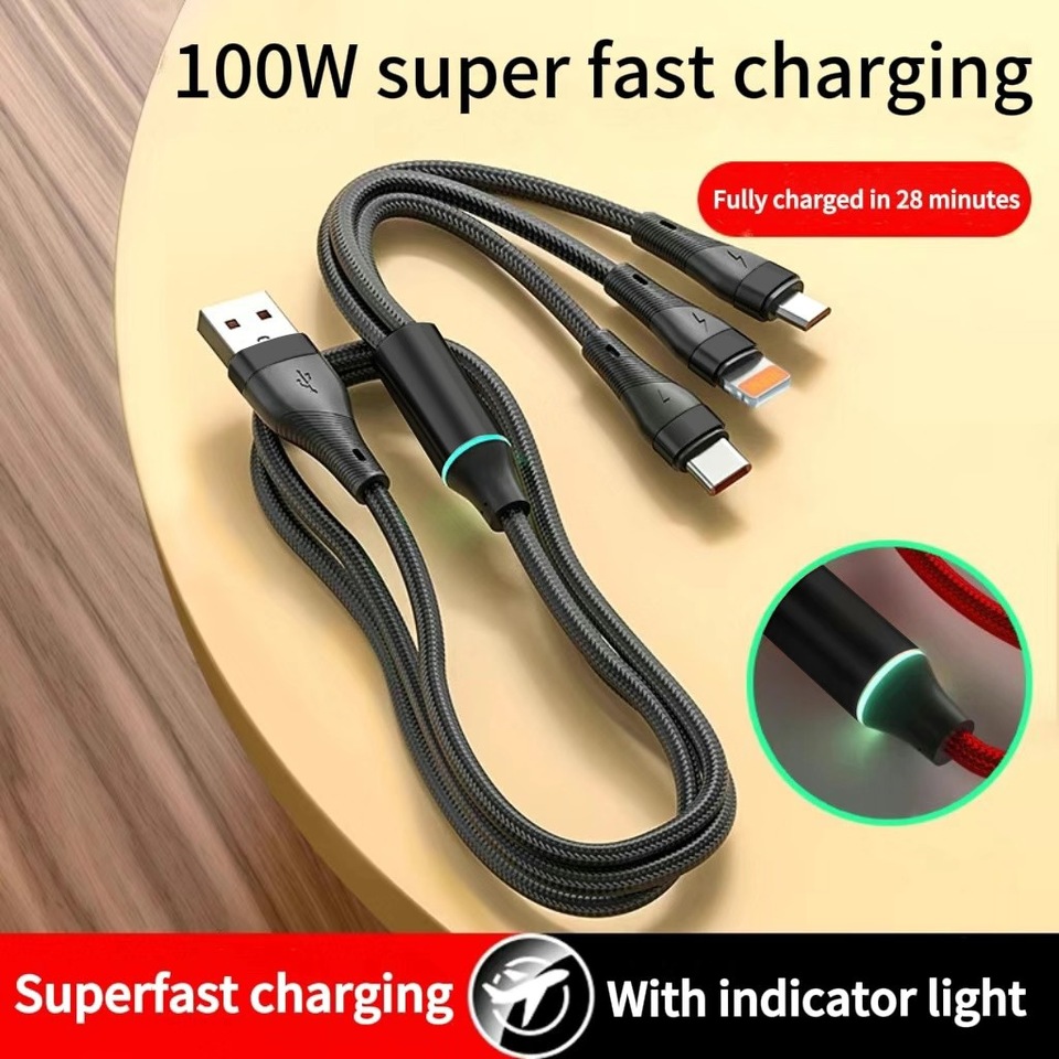 100W super fast charging, one-to-three braided data cable compatible with Samsung, Apple, Huawei, Motorola, vivo, OPPO, Xiaomi,