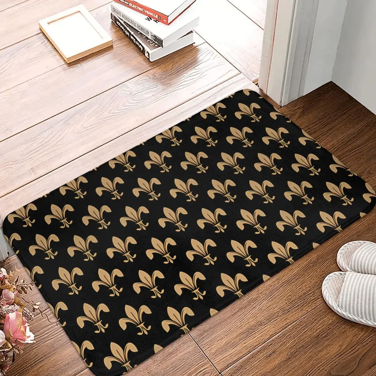 

Fleur De Lys Non-Slip Carpet Pattern Black And Gold Meme Doormat Bedroom Bathroom Mat Entrance Door Decoration Rug