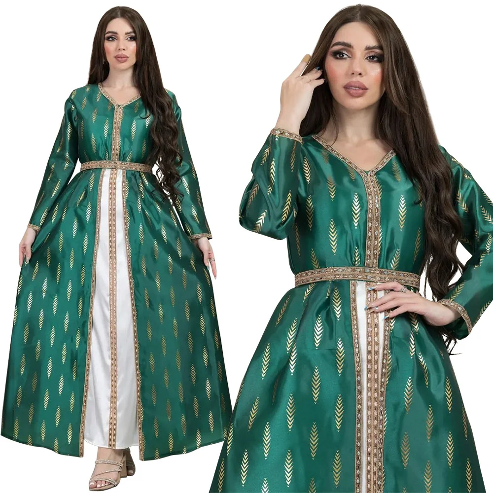 Muslim Dress For Prom Dubai Fake 2 Pieces Long Dress Fashion Apparel Coloring Gold Stamping Saudi Arabia Abaya Robe V-neck