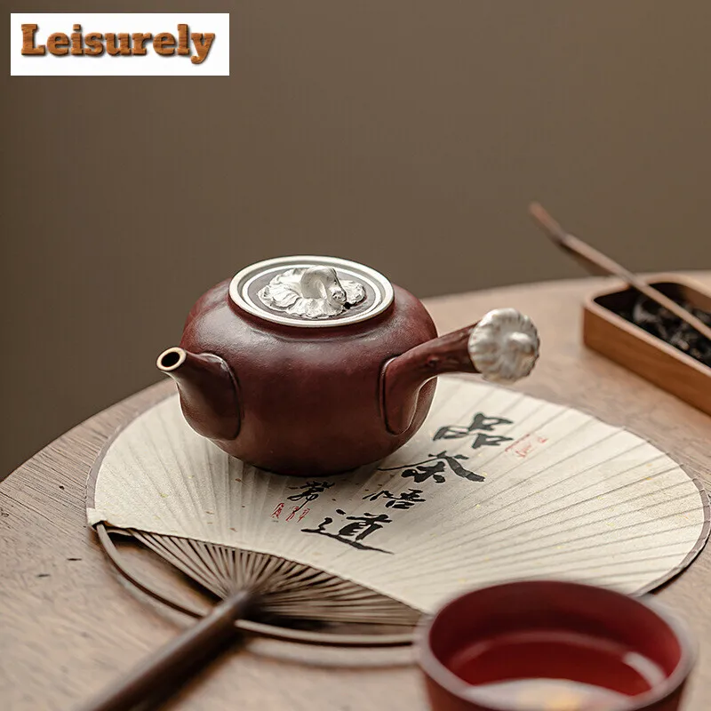 240ml Zhino Roast Persimmon Red Ruyi Side Handale Pot Kiln Change Ceramic Teapot Filter Brewing Kettle Dry Brew Table Tea Tray