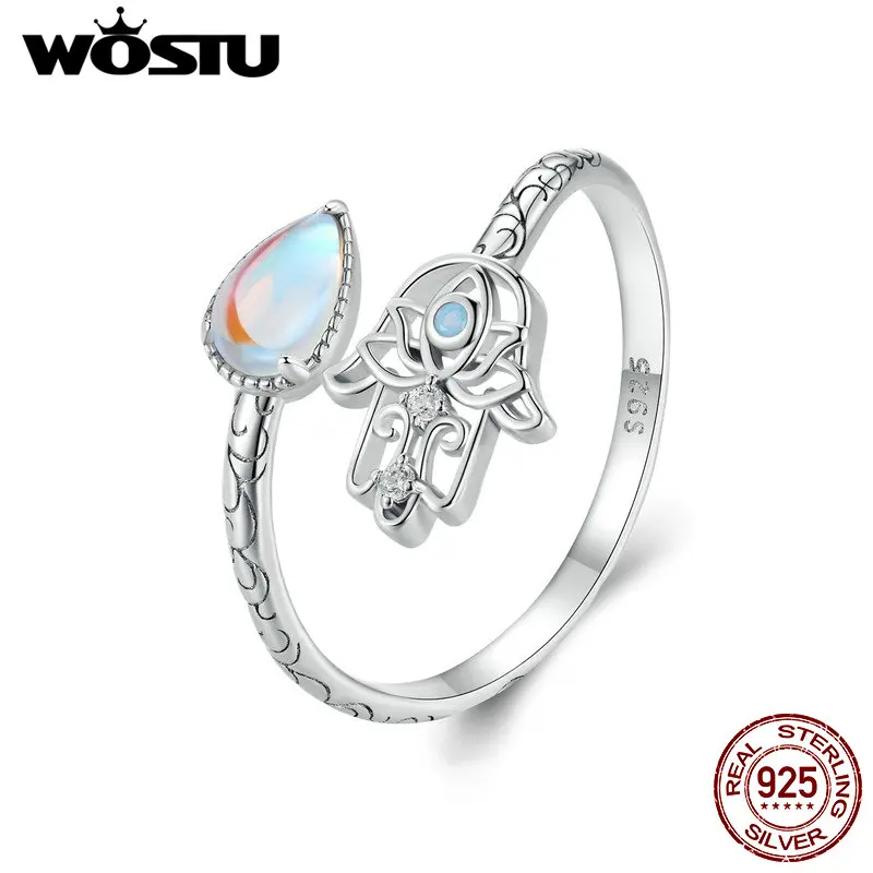 

WOSTU 925 Sterling Silver Lucky Hand Of Fatima Opening Ring Rainbow Moonstone Teardrop Stackable Rings Party Jewelry Gift