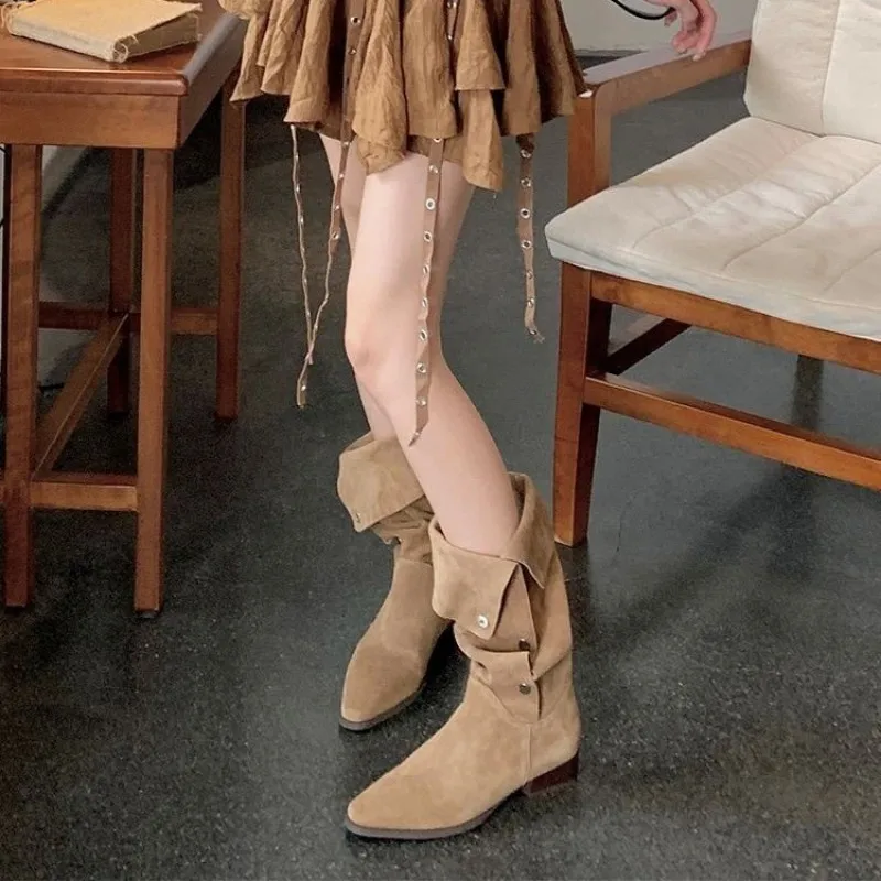 Mid Calf Chunky Chelsea Boots Women Winter Shoes 2023 New Designer Suede High Boots Casual Mid Heels Goth Snow Motorcycle Botas