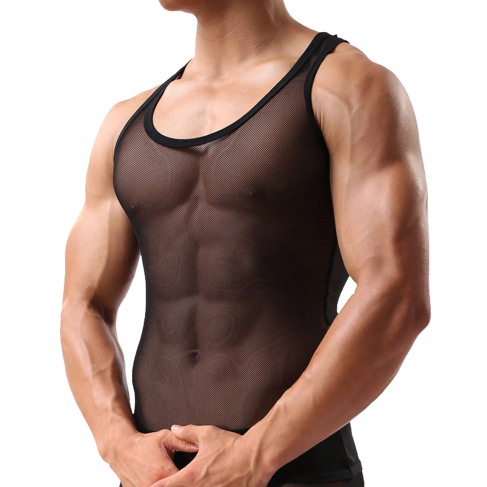 Sexy Mesh See Through T-shirt Tank Tops For Men Sleepwear Sleeveless Tops Underwear Male Undershirt Transparent Shirt 2024