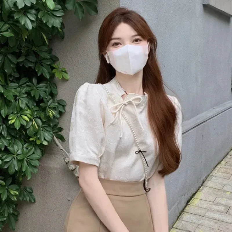 여성용 올 매치 불규칙 우아한 중국 스타일 블라우스, 여름 빈티지 스트리트웨어, 캐주얼 솔리드 만다린 칼라, 여성용 시크 탑