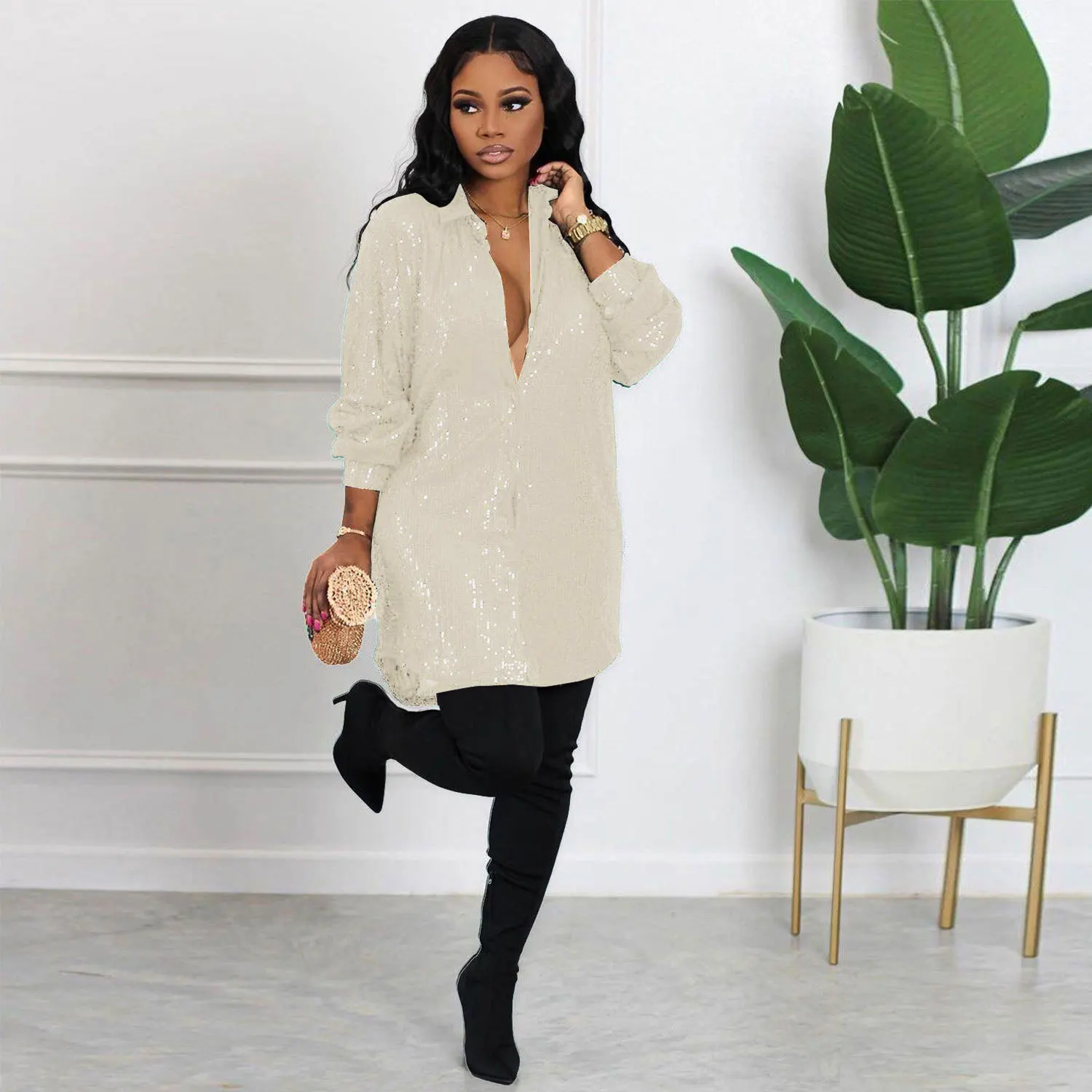 

Office Ladies Cardigan Sport Shirt Dress Ladies Fashion sequin collar Long Sleeve dress Elegant ladies party club dress