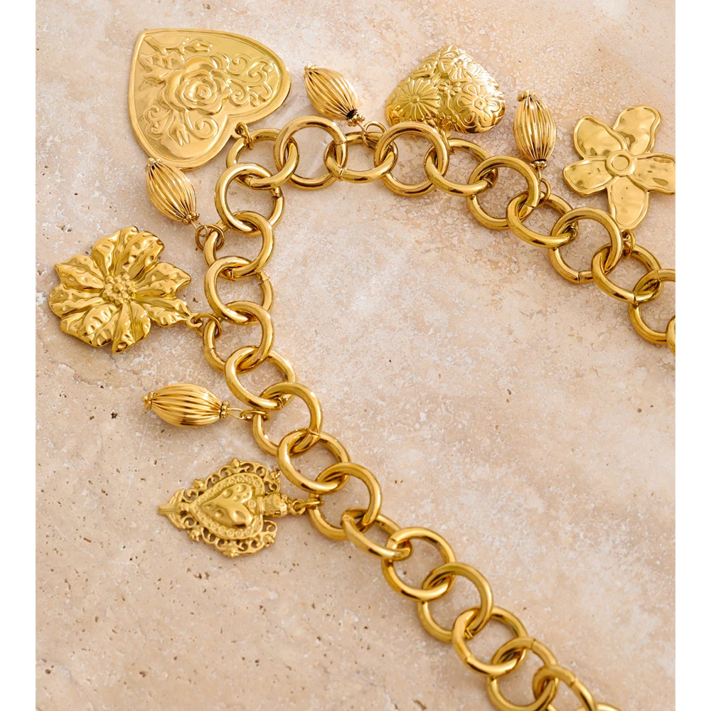 Necklace Statement Steel Heart Charms Drop 18K Golden PVD Plated Waterproof