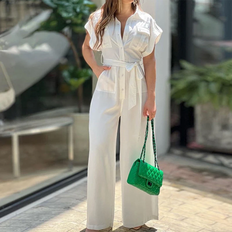 

Women's Summer New Fashion Solid Color Polo Neck Short Sleeve Button Pocket Shirt Slim Fit Lace Up Casual Wide Leg Jumpsuit