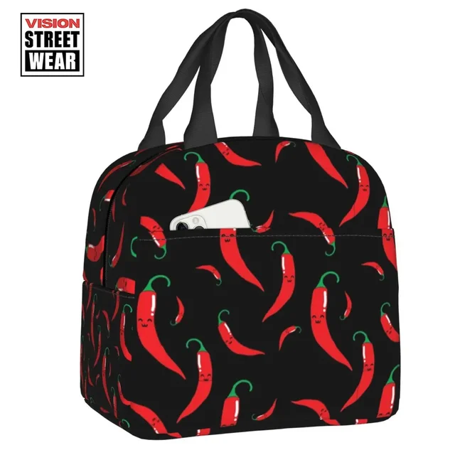 2023 New Custom Kawaii Chili Red Pepper Pattern On Black Lunch Bag Women Cooler Warm Insulated Lunch Box For Student School