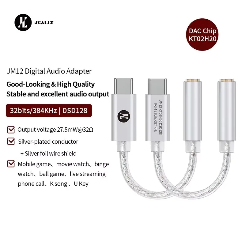 JCALLY JM12 Digital Audio Adapter Type-C to 3.5mm Hifi DAC KTO2H20 Chip 32bits 384KH DSD128 Decoder Type C to 3.5mm Earphone Amp