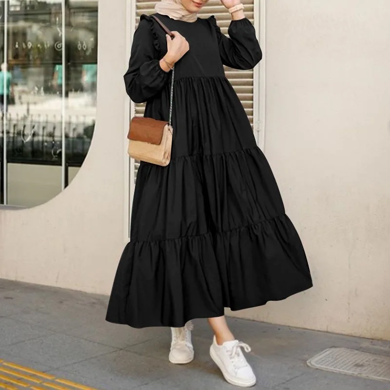 2023 Muslim Abayat Dress Retro Round Neck Long Sleeve Abayas for Women Spring and Autumn Leisure Women's Dress