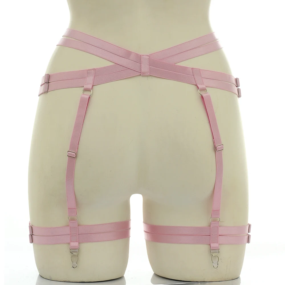 Hollow Pink Kawaii Bondage Stocking Garter Punk Wedding Bride Body Harness Bow Clip Elastic Belt Punk Body Harness Cage