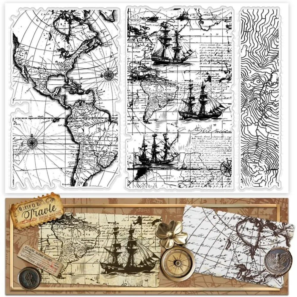 Vintage Global Map & Sailboat Transparent Silicone Craft Stamp