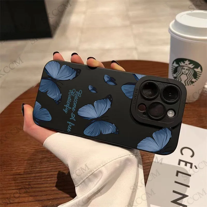 Elegant Blue Butterfly Silicone Shockproof Matte Phone Case – Soft Back Cover
