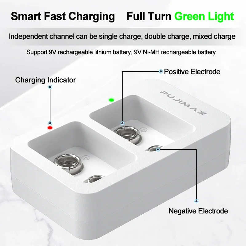 Smart Fast Battery Charger 2 Slots 9V With LED Indicators USB Cable For 9V Ni-MH/Ni-Cd/Li-ion Rechargeable Batteries