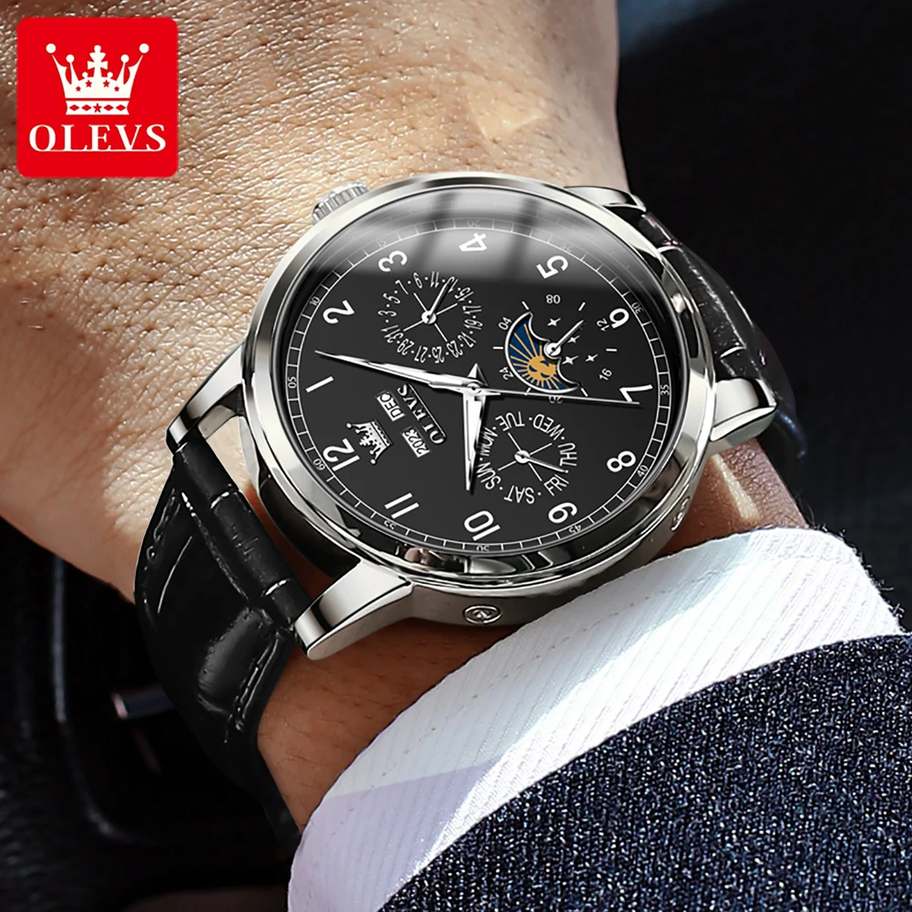 OLEVS Brand Luxury Moon Phase Mechanical Watch Men Leather Waterproof Luminous Calendar Fashion Mens Watches Relogio Masculino