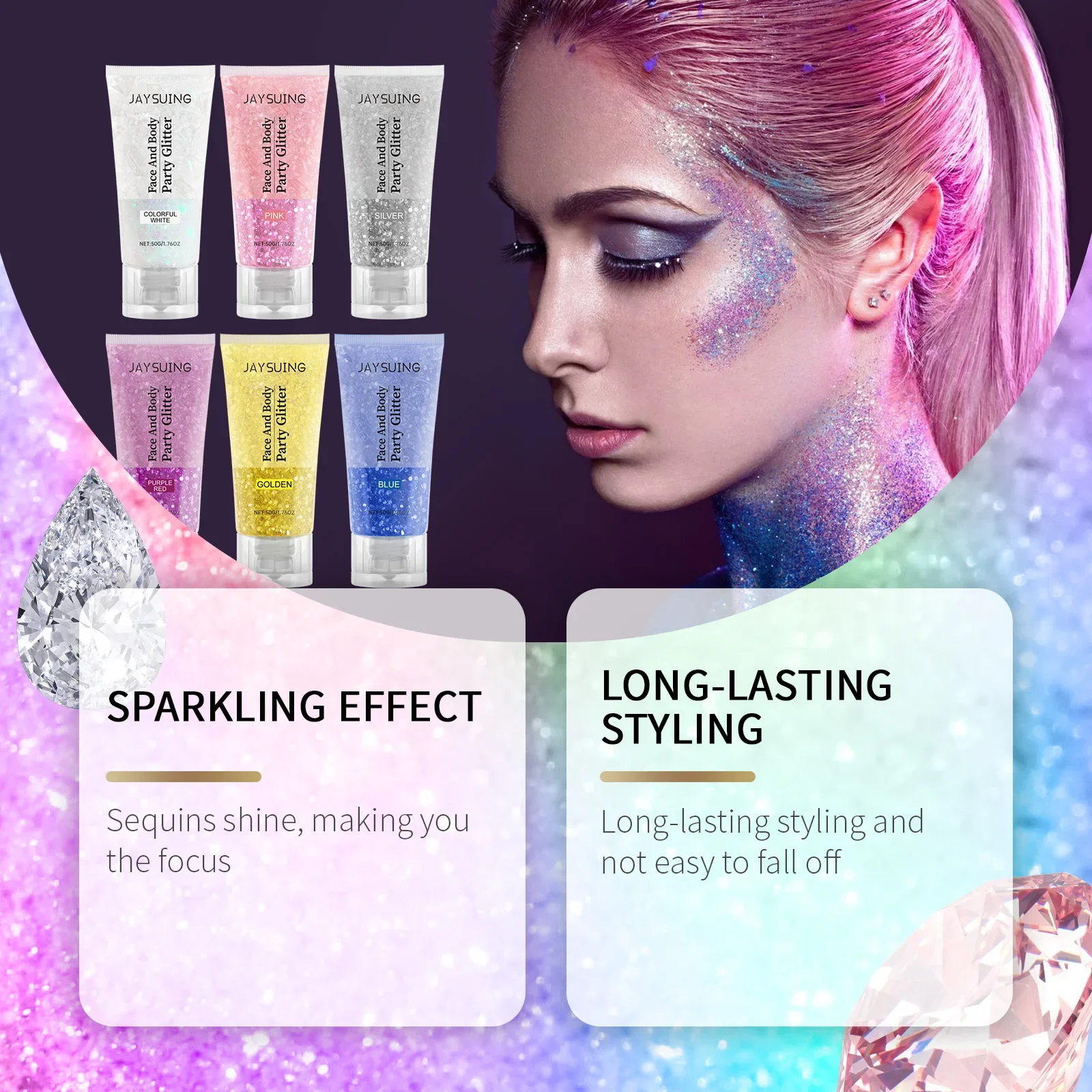 Jaysuing Glitter Sequins Gel Natural Stereo Body Highlight Sequins Party Orgy Multi-color Lasting Setting Mild Non-irritating 4