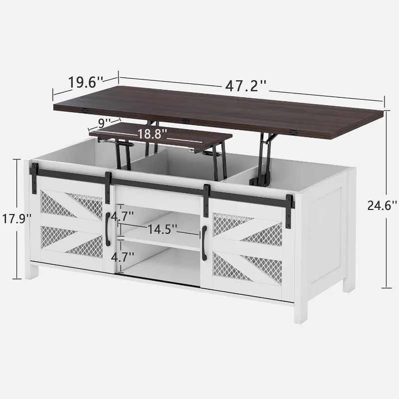 47.2" Lift Top Coffee Table 4 in 1 Farmhouse Coffee Table with Storage Coffee Tables for Living Room, Dining Room (White) 2