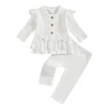 Toddler Girls Fall Outfits Lace Patchwork Ribbed Ruffle Long Sleeve Shirt and Elastic Pants Set Baby 2 Piece Clothes