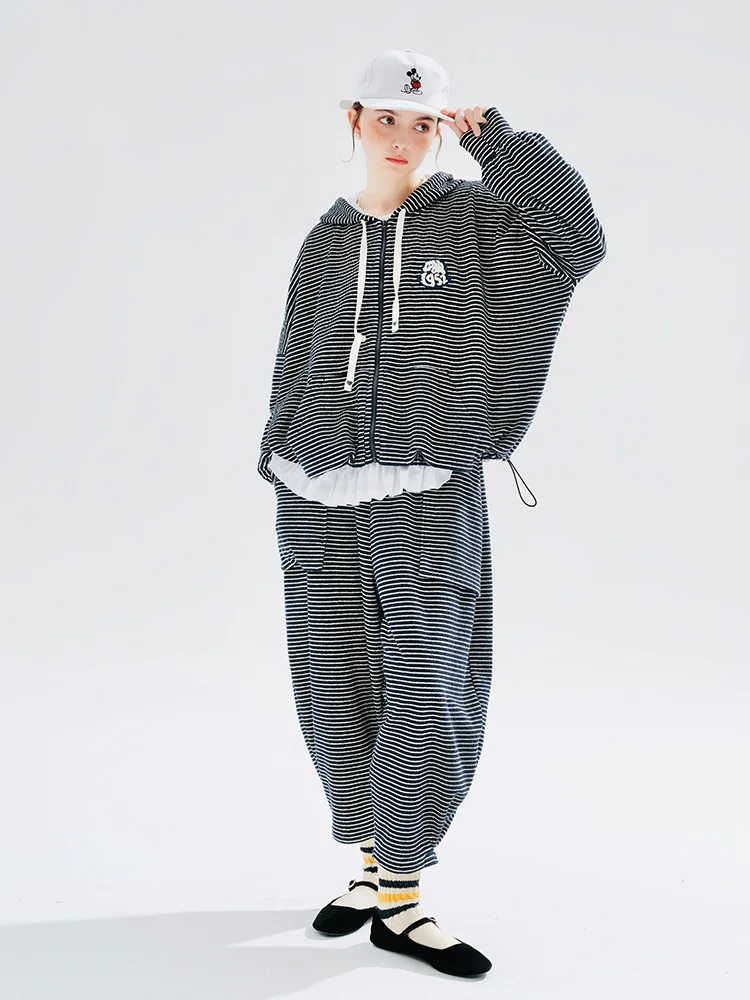 IMAKOKONI original design elastic waist stretch casual nine-point pants baggy pocket striped pants 234247