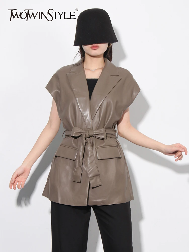 

TWOTWINSTYLE Solid Slimming Temperament coats For Women Lapel Sleeveless Patchwork Lace Up Casual Jackets Female Fashion Style