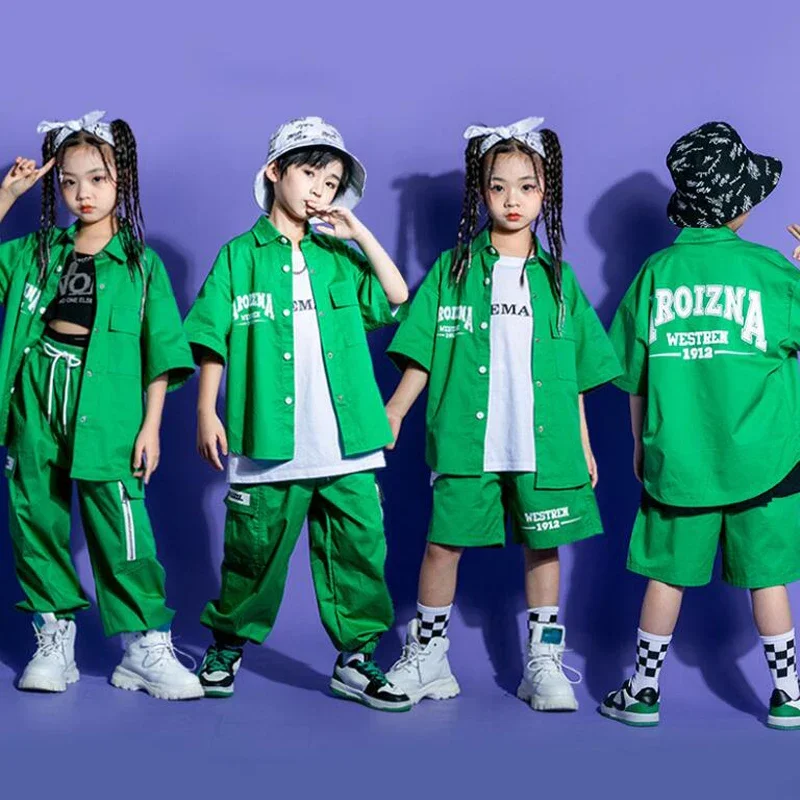 

Kids Concert Kpop Hip Hop Clothing Green Cardigan Shirt Tops Cargo Shorts Pants For Girl Boys Jazz Dance Costume Rave Clothes