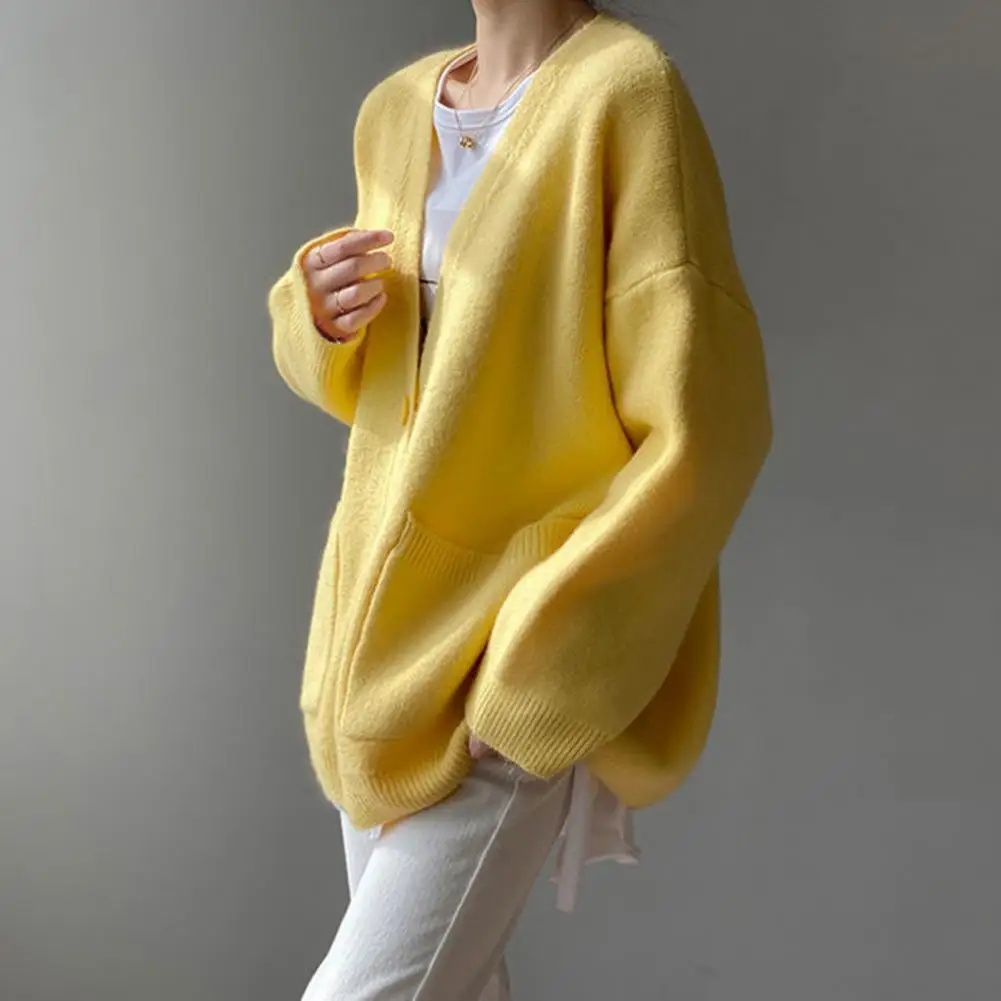 

Chic Knitted Cardigan Ribbed Trim Windproof Women Knitwear Single-Breasted Pure Color Long Knitted Cardigan Coat
