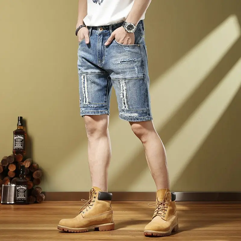Handsome Fashion Personalized Embroidery Splice 2023 Summer Retro Men's Denim Split knee length jeans shorts cargo pants men