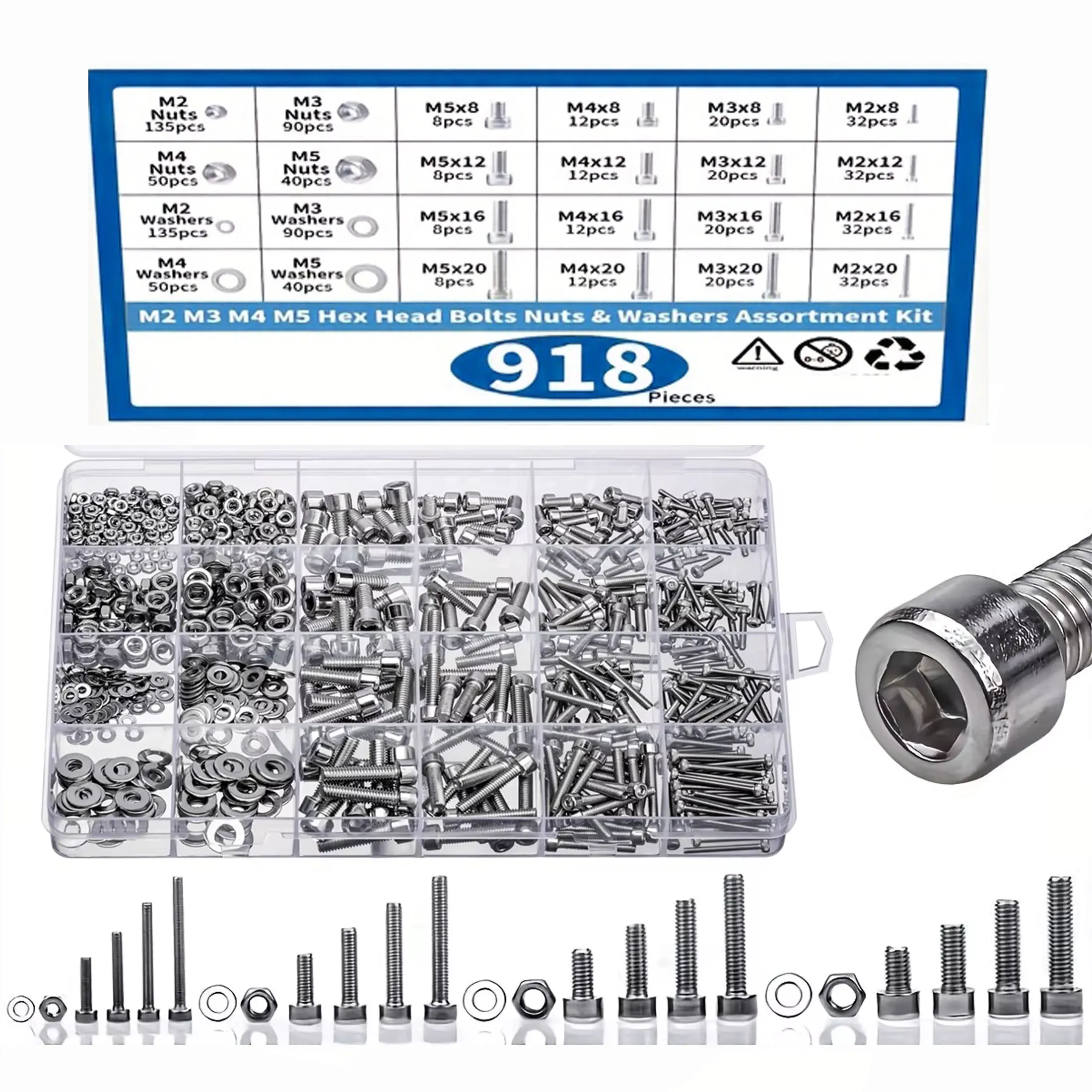 918pcs Nuts And Bolts Assortment Kit M2 M3 M4 M5 Hex Head 304 Stainless Steel Bolts Nuts Flat Washers