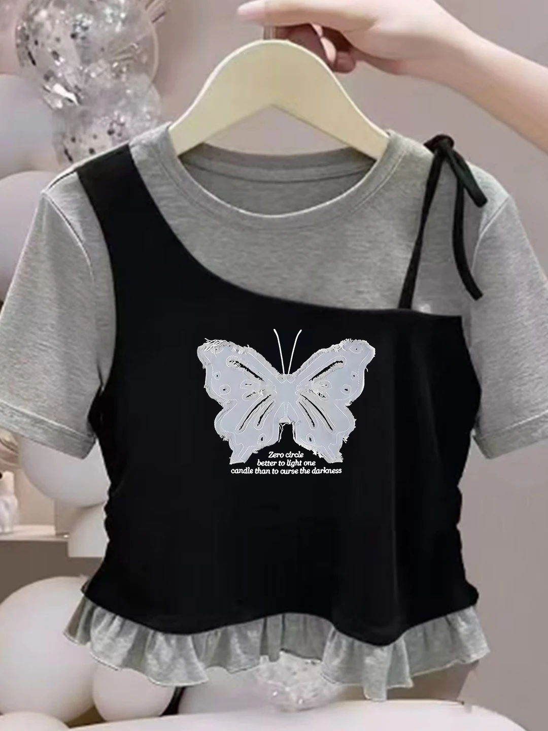 Girls Short Sleeve T-Shirt Pure Cotton Ruffle Hem Short Style Summer Casual Fit Children's Wear Breathable round Neck Top - 2