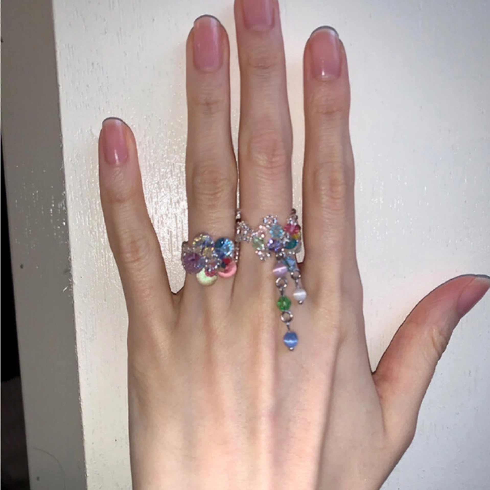 Y2k Aesthetics Colorful Crystal Beaded Tassel Ring for Women Sweet Cute Egirl Charm Elastic