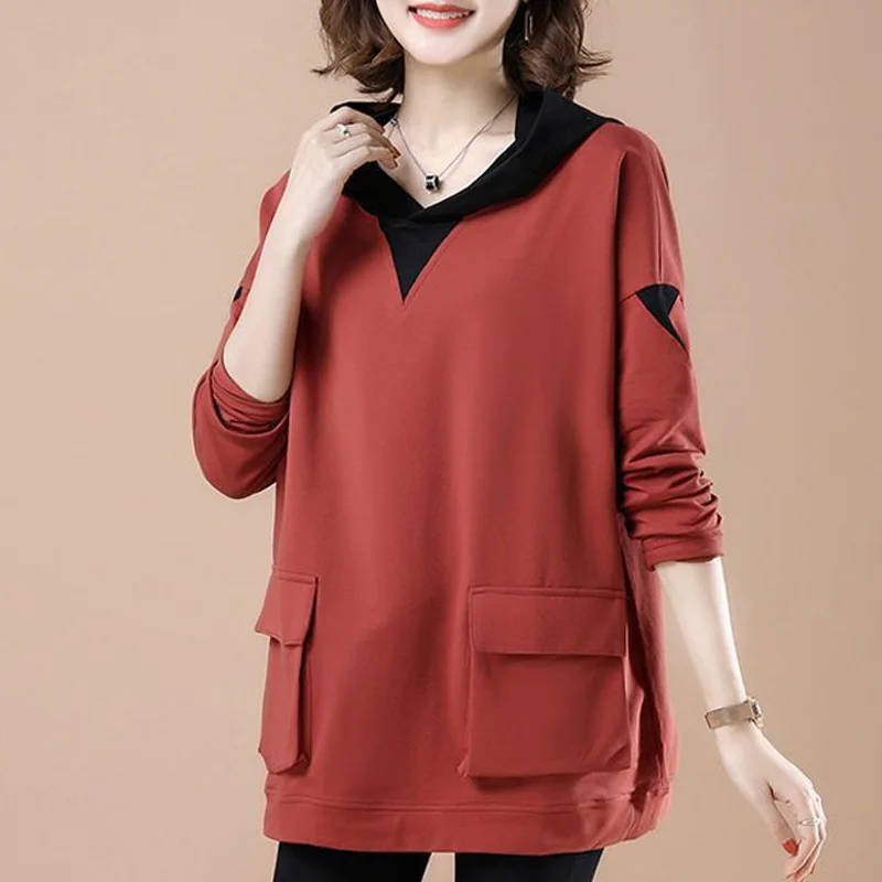2023 New Spring and Autumn Fashion Design Fake Two Piece Hooded Panel Pocket Loose Relaxed Oversize Women's Mid Length Sweater