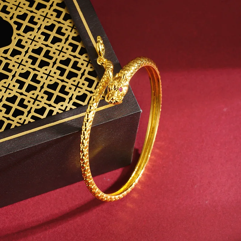 Luxury 24K 9999 Pure Gold real gold Panlong Bracelet Retro National Fashion Elegant Dragon Tail Pendant Dragon Shape Bracelet