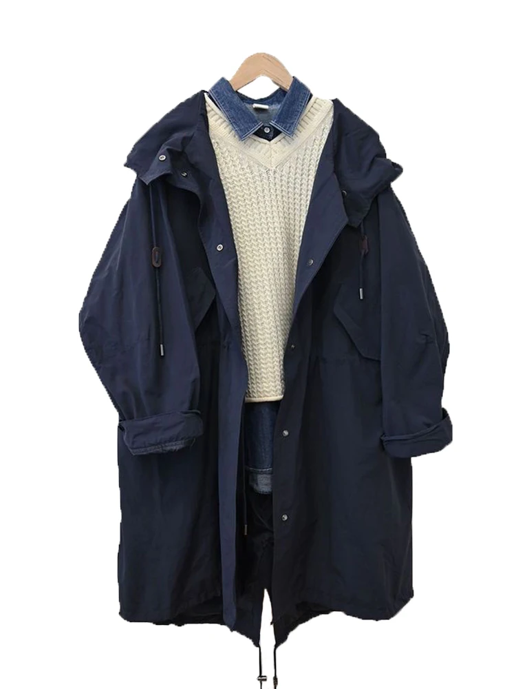 

Korean Oversized Women's Windbreaker jacket Single-Breasted Long Trench Coat Drawstring Office Lady Spring Autumn Hooded coat