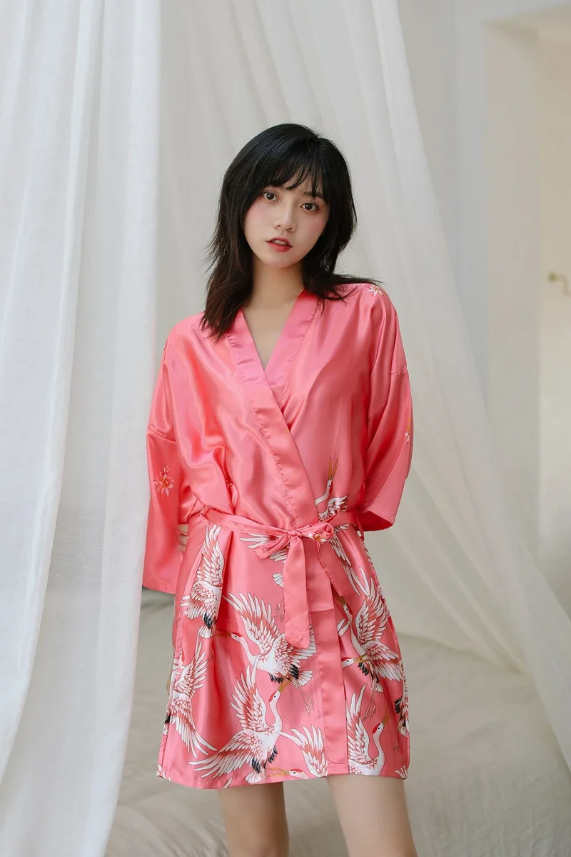 

Fashion Satin Robe Female Bathrobe Sexy Crane Bathrobe peignoir femme Silk Kimono Bride Dressing gown sleepwear For Women